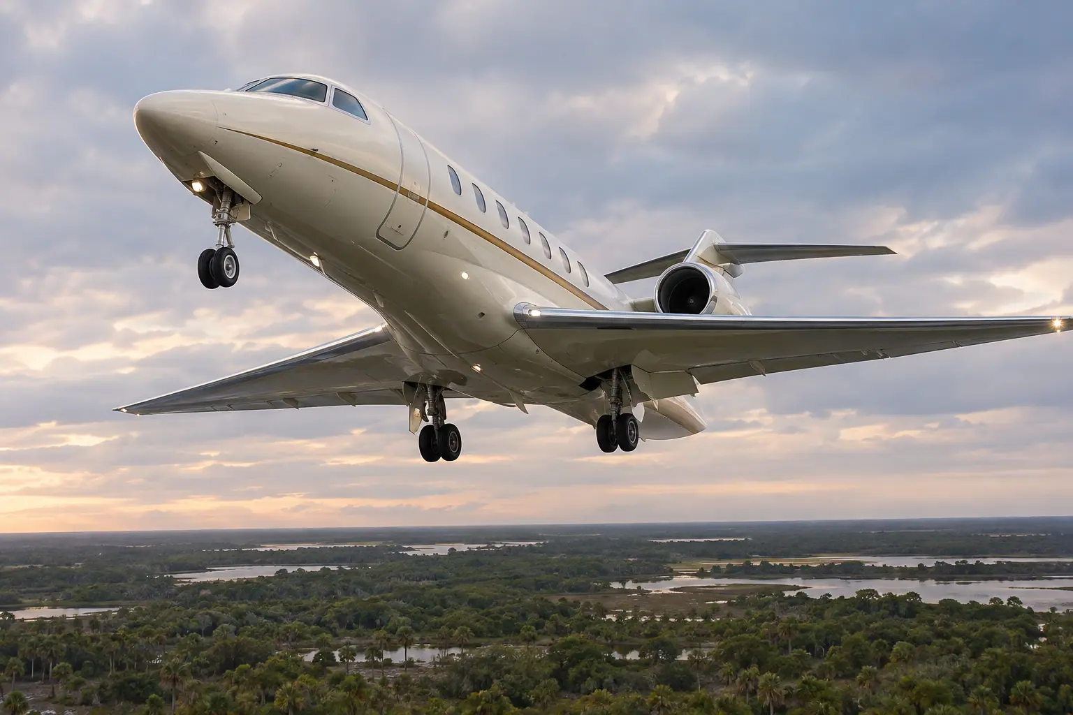 Private jet climbing out over Orlando